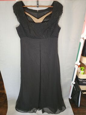 Faviana Black Beaded Fringe Sleeve Maxi Dress